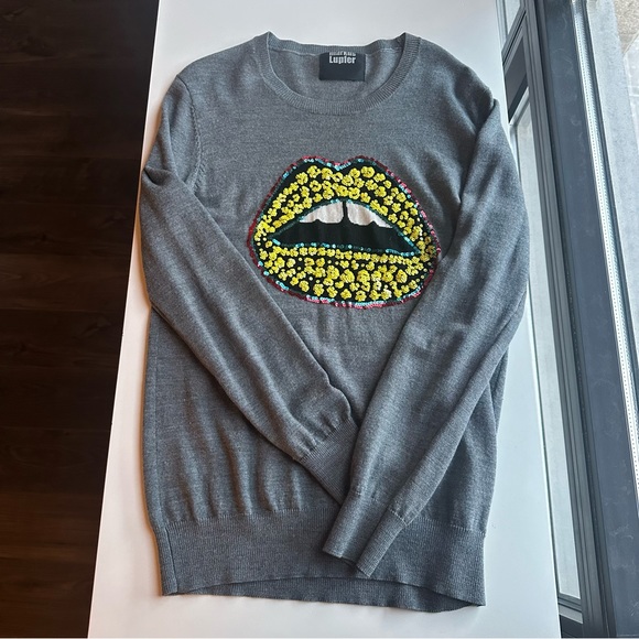 MARKUS LUPFER Sequin Lips Sweater Gray Small - Picture 3 of 4